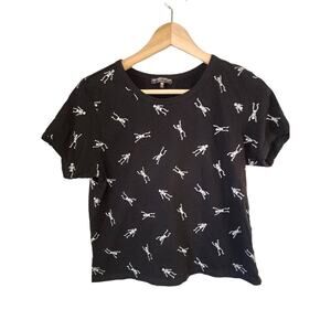 LOVE PEACE & LAZY DAYS Black Baby Tee with Skeleton Print Halloween Party Size M